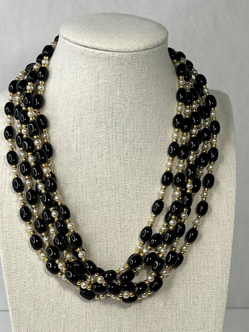 Vintage Multi-Strand Black & White Beaded Necklace W/ Gold-Tone Clasp